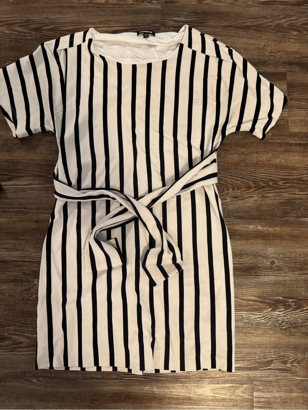 Express Black and White Vertical Stripe Tie-Waist Mini Dress